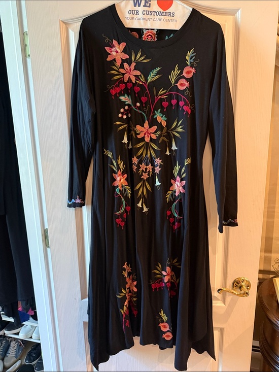 Johnny Was Dresses & Skirts - Johnny Was Black Maxi Dress with Pink, Red, Green and Yellow Floral Embroidery